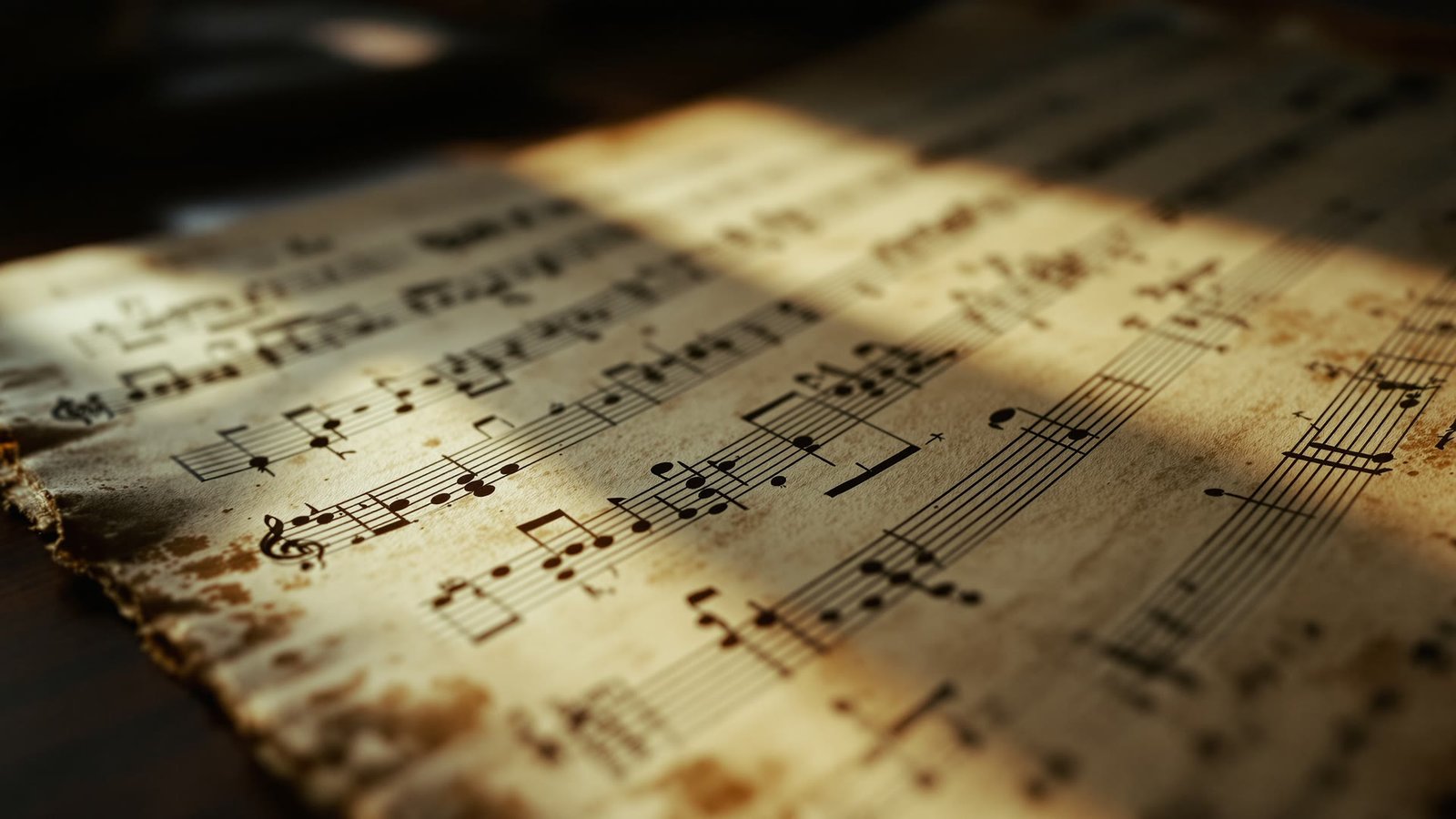 Detalhe de manuscrito musical antigo, com pautas traçadas à mão e notas em tinta escurecida pelo tempo.